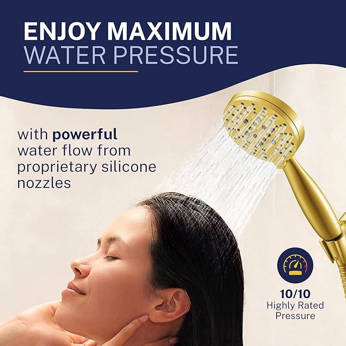 HammerHead Showers® Solid Metal 3-Spray Handheld Shower Head with Long Hose and Holder - BRUSHED GOLD - 2.5 GPM High Pressure Shower Head with Handheld Sprayer - WIDE, MASSAGE, and MIST Sprays