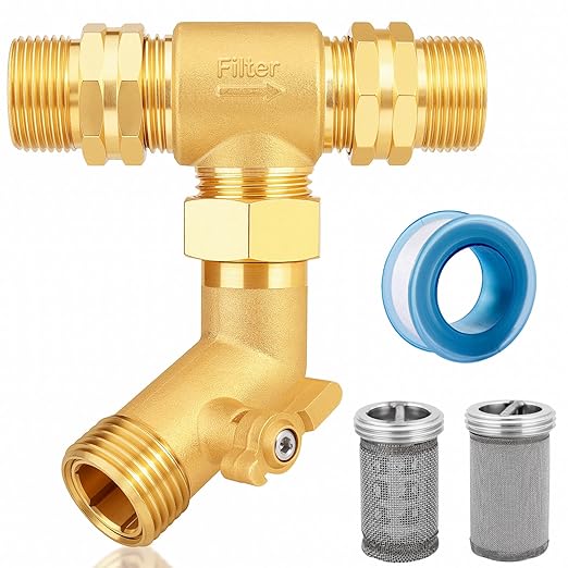 T Line Strainer Garden Hose Filter with 100 Mesh and 40 Mesh Screen and 2 PCS GHT to NPT Adapter Pressure Washer or Heater Inlet for RV Camping Car Wash On Pipe Strainer (with Valve)