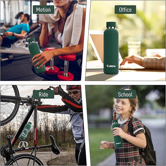 Exllena Slim Insulated Water Bottles for Travel 18oz with Clip, Double Wall Vacuum Stainless Steel Water Bottle Keeps Drinks Cold 24 Hrs/Hot 12 Hrs, 100% Leakproof, BPA Free(Emerald Green)