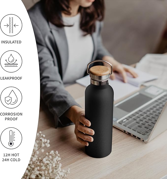 Bambaw Insulated Water Bottle 24 oz, Double Wall Stainless Steel Water Bottles, Keep Drinks Cold 24h & Hot 12h, Reusable & Easy to Clean, Great for Travel, Gym or Work (Jet Black)
