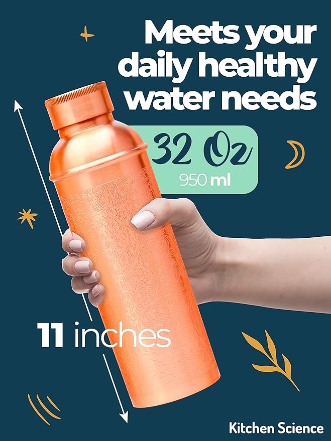 Authentic Ayurvedic Designer Copper Water Bottle of 34 Oz/1000 ml with Carrying Canvas Bag & Sleeve for Drinking Water | Leak-Proof & Lab Tested