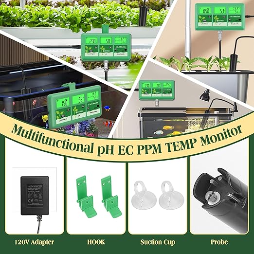 6 in 1 pH EC TDS Monitor for Water Hydroponic with pH EC Calibration Solution, Probe Cleaning Solution, with Extra EC 1413μS/cm and 12.88mS/cm EC Calibration Solution, Each 2 Bottles 50ml
