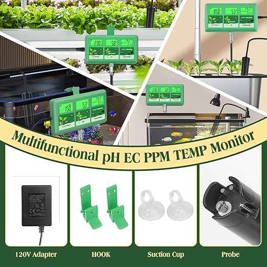 pH EC Continuous Monitor for Hydroponic, 6 in 1 WiFi EC PPM CF pH Meter, Digital pH TDS Temp Humidity Conductivity Monitor for DWC Hydroponic System, Aeroponic Gardening, Aquaponic