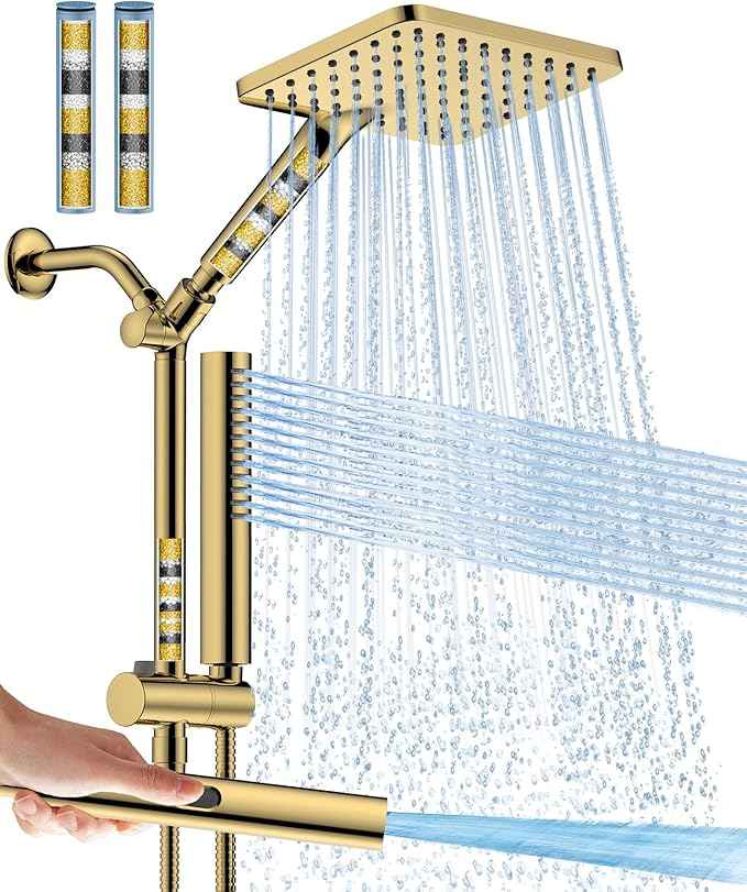 Filtered Shower Head with Handheld Spray Combo High Pressure Rain Shower Head Dual Shower Head with Filters - Removes Chlorine Height Adjustable & Built-in Power Wash (Gold)