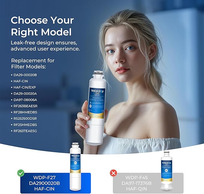 Waterdrop Plus DA29-00020B 𝐍𝐒𝐅 𝟒𝟎𝟏 𝐂𝐞𝐫𝐭𝐢𝐟𝐢𝐞𝐝 Refrigerator Water Filter, Replacement for Samsung® Water Filter DA29-00020B, HAF-CIN, HDX FMS-2, RF28HMEDBSR, 2 Filters (Package May Vary)
