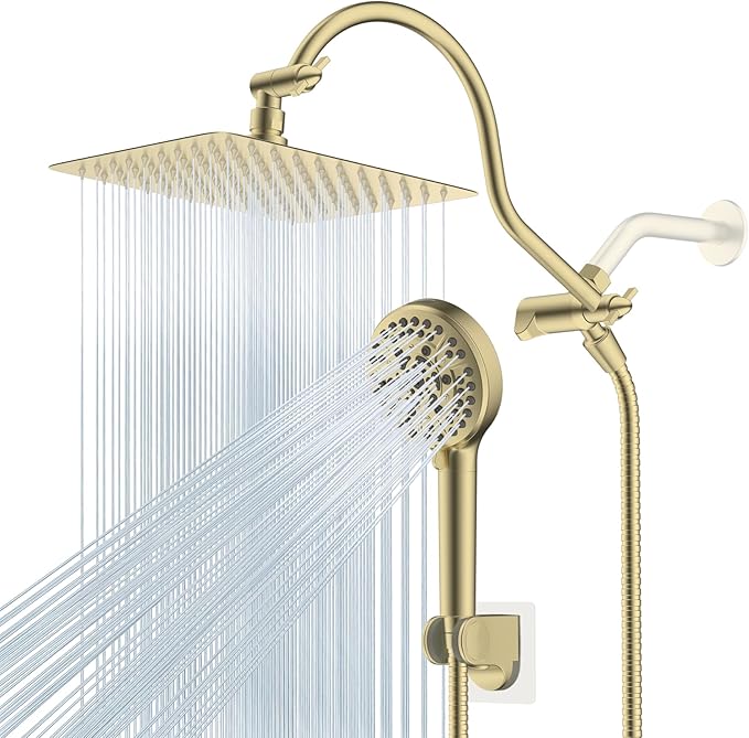 Hibbent All Metal Shower Head, 10'' High Pressure Rainfall Shower Head/Handheld Showerhead Combo with 12'' Adjustable Curved Shower Extension Arm, 10-Spray, 71'' Hose, Showerhead Holder, Brushed Gold