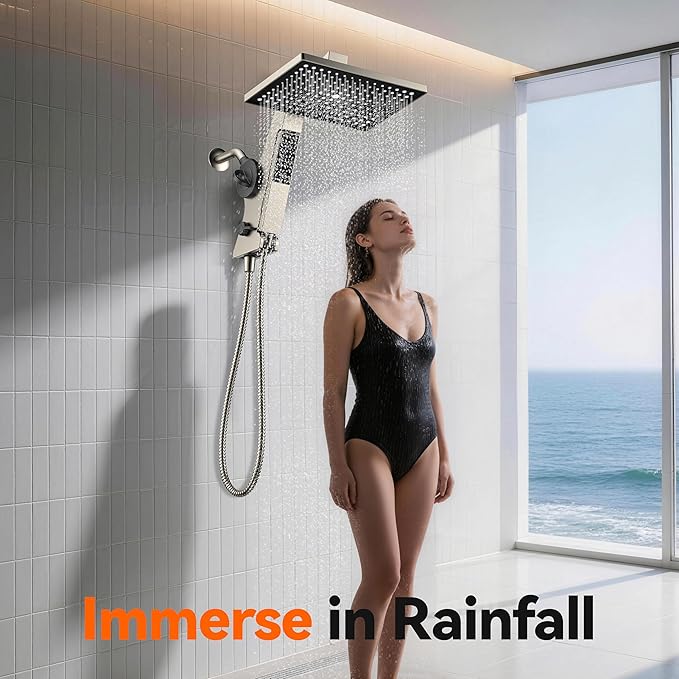 MakeFit Filtered Rain Shower Head with Handheld Combo High Pressure 12'' Rainfall Shower Heads & Hidden Detachable Wand Dual Showerhead Water Softener for Hard Water Easy Filter Replacement