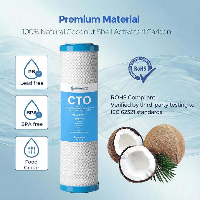 1 Micron 10" x 2.5" Whole House CTO Carbon Sediment Water Filter Cartridge, Compatible with DuPont WFPFC8002, GE FXWTC, Culligan D-10A, Pentek CBC-10 & More, 6-Pack