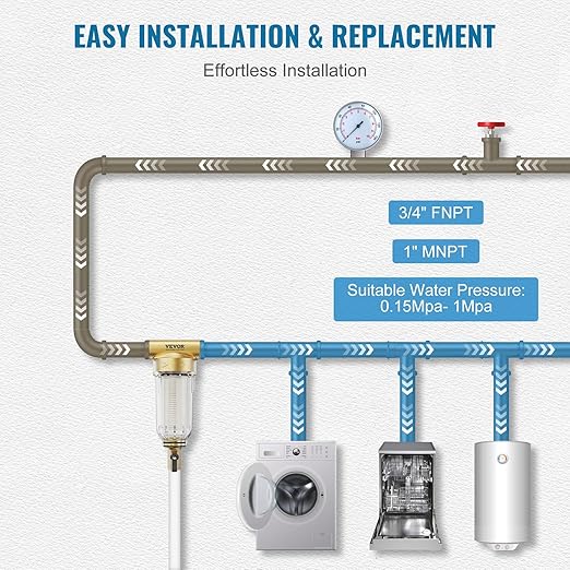 VEVOR 40/300 Micron Sediment Filter, 20GPM Spin Down Water Filter, Reusable Upgrade Flushable Pre-Filtration, Whole House Sediment Filter for Well/City Water, Brass Head, 3/4" FNPT + 1" MNPT