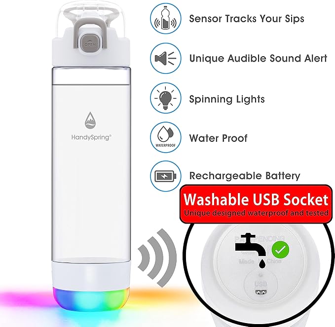 Smart Water Bottle with Reminder To Drink Water, Lights And Sound, Water Intake Tracker, Rechargeable, Tritan Plastic, Spout Hydrate Glow Bottle 26 Oz, Smart Hydration Reminder (white)