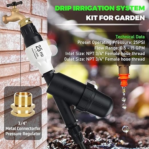 Drip Irrigation Pressure Regulator Kit,25 PSI Pressure Reducer,Inline Drip Irrigation Filter,1/2" Tubing Connector,Garden Hose Irrigation System Components (2 Set)