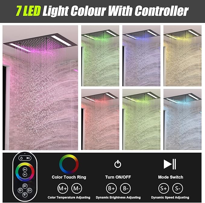 14x20 Inch LED Rainfall Shower Head- High Pressure Overhead Shower Heads with Water Filter Large Square Ceiling Mounted Bath Showerhead for Strong Spray & Relaxing Rain Shower (Black)