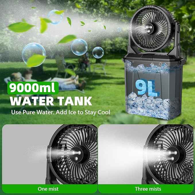 GHORA Portable Misting Fan with 9L Water Tank & 20000mAh Battery, Remote Control, 4 Speed Levels, 4 Misting Modes, RGB LED Lights - Indoor/Outdoor Cooling Fan for Camping, Patios, Garden, Travel