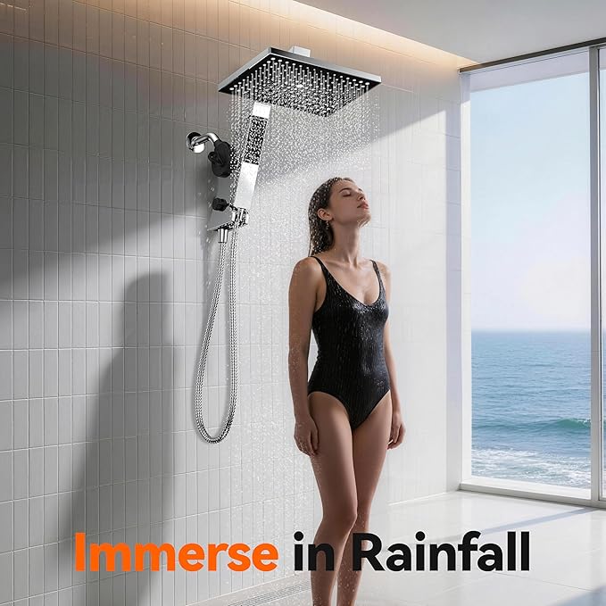 MakeFit Filtered Rain Shower Head with Handheld Combo High Pressure 12'' Rainfall Shower Heads & Hidden Detachable Wand Dual Showerhead Water Softener for Hard Water Easy Filter Replacement