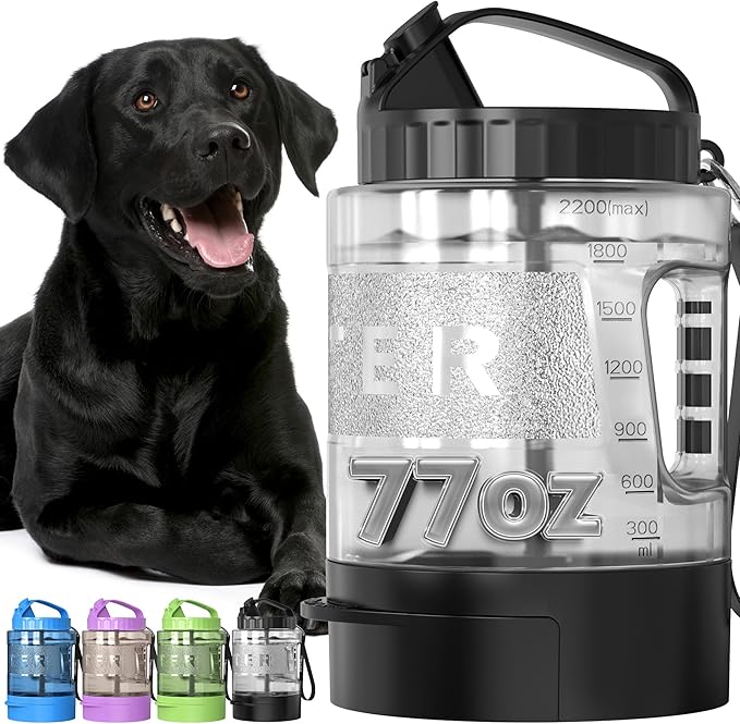 Dog Water Bottle Travel Bowl, 77oz Large Portable Dog Water Bowl Dispenser, Leakproof Pet Drinking Bottle Dispenser for Hiking Camping Walking Travelling Beach Car Trips, BPA Free, Black - AquaVibe