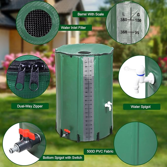 Outvita 100 Gallon Collapsible Rain Barrel with Volume Mark, Rainwater Collection System, Portable Foldable Garden Water Storage Tank, Water Container with Filter Overflow Kit Faucet Green