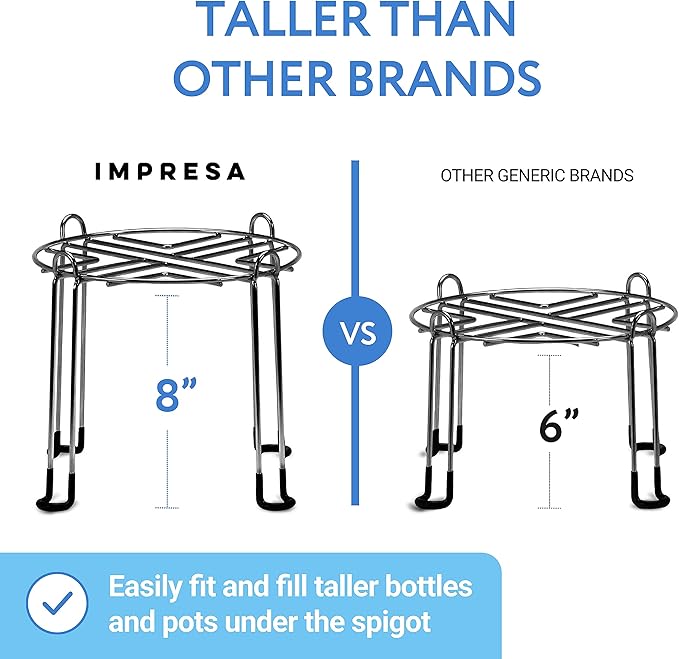 Impresa Gravity Filter Stand - Medium, Silver 8-Inch Rise for Easy Filling & Tall Water Filter Stand - Non-Skid Feet in Polished Stainless Steel - Raised Edges & Water Dispenser Countertop