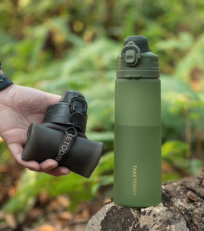 TakeToday Collapsible Water Bottles 20oz (600mL), Foldable Platinum Silicone Travel Water Bottle with Straw & Carry Strap, Leak-Resistant Screw Lid, Wide Mouth, BPA-Free for Hiking, Camping, Travel