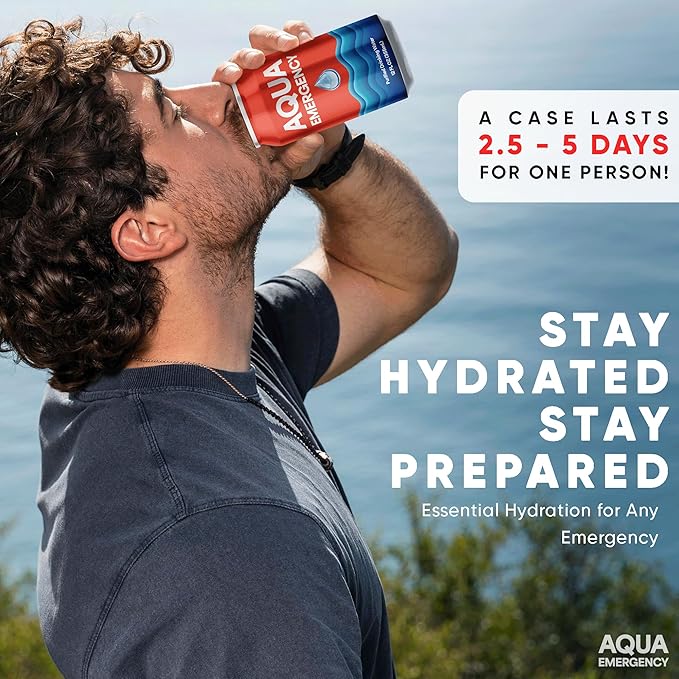 Aqua Emergency Drinking Canned Water- (24 Cans) 12 fl Oz (50 Years) Shelf Life for Everyday Hydration, Emergency, Survival Use-Purified via Reverse Osmosis | Plant-Based, BPA Free, Eco-Friendly Packaging, Made in USA-1 Case