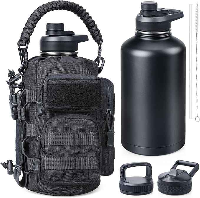 64 oz Insulated Water Bottle with Sleeve, Half Gallon Stainless Steel Tactical Water Jug Large Military Water Bottle with 3-IN-1 Pouch/3 Lids/Straw/Paracord Handle for Gym, Camping, Workout
