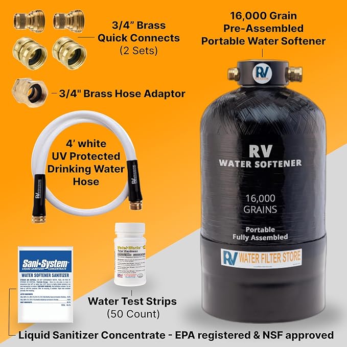 Essential RV Water Softener Portable 16,000 Grain w 4ft Hose, 3/4" Fittings, 2X Sets of Quick Connects, 1X Sani System, Softens Hard Water Prefilled NSF Resin