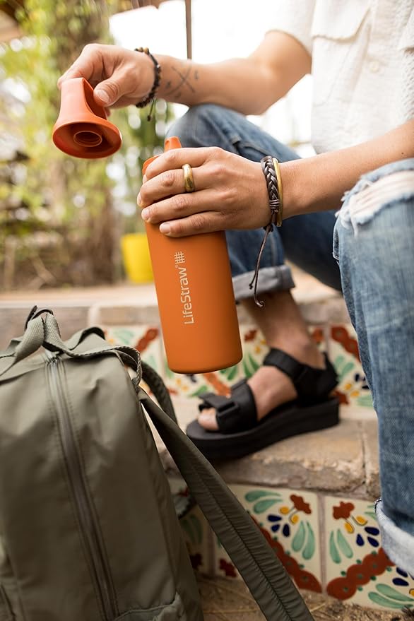 LifeStraw Go Series – Insulated Stainless Steel Water Filter Bottle for Travel and Everyday Use, Removes Bacteria, Parasites and Microplastics, Improves Taste, 24oz Orchid Pink