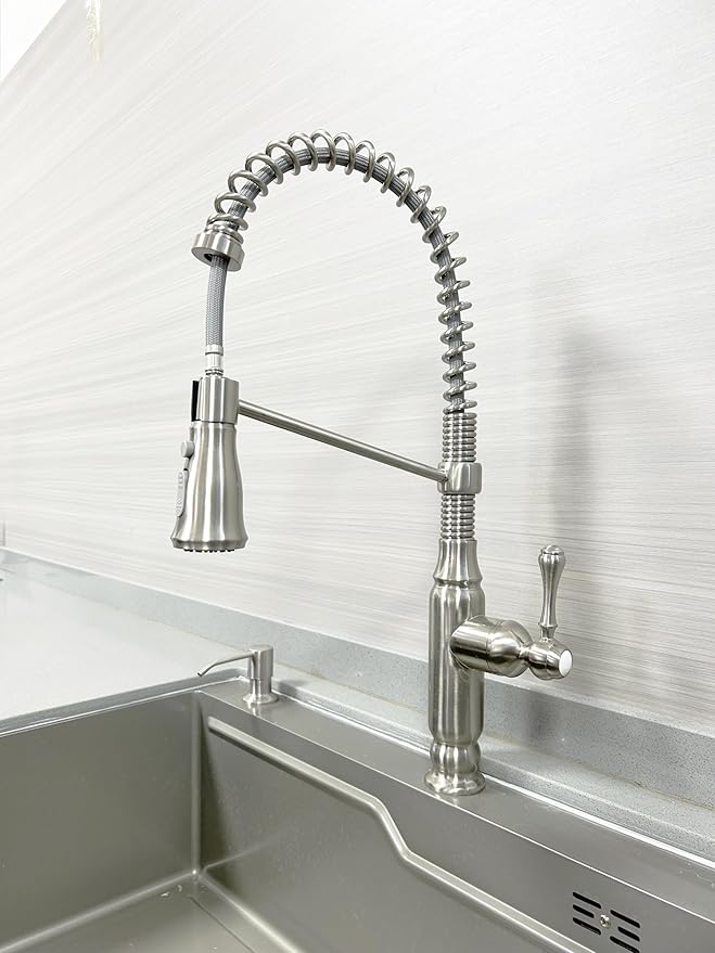 Kitchen Faucet Brushed Nickel, High Arc Spring Single Handle Brass Body 3-Function Kitchen Sink Faucet for Farmhouse Laundry Commercial Modern RV Bar Faucet Kitchen
