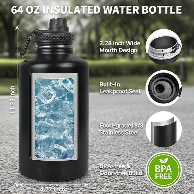 Half Gallon Water Bottle Insulated with Sleeve - Tactical 64 oz Stainless Steel Water Jug with MOLLE Water Bottle Pouch, Gym Water Bottles for Men Hiking Workout (Black)
