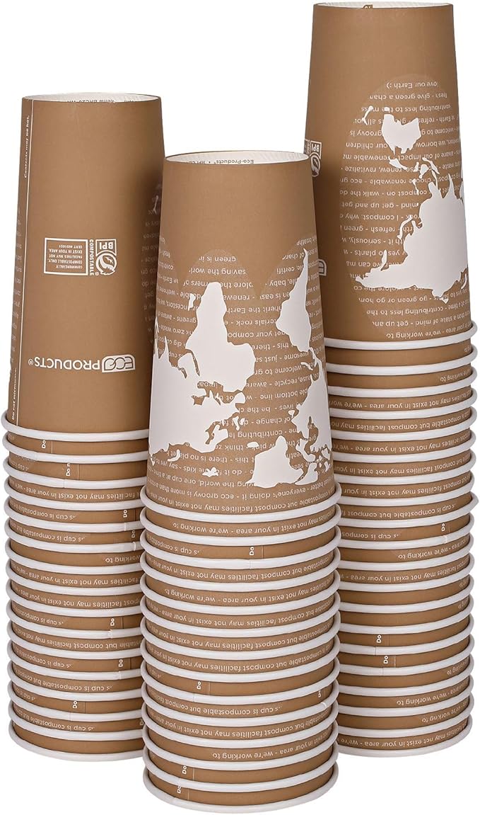 ECO PRODUCTS Compostable Disposable World Art 20oz Large Coffee Cups, Case of 1000, Renewable Hot Paper Cup, Plant Based PLA Lining, Color Coded