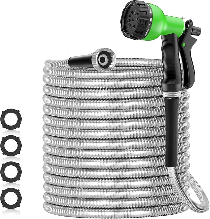 75ft 304 Stainless Steel Garden Hose Metal, Heavy Duty Water Pipe with Nozzles for Yard, Outdoor - Flexible, Never Kink & Tangle, Puncture Resistant (Sliver)