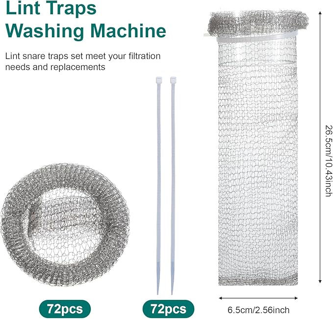 72 Pcs Stainless Steel Lint Traps for Washing Machine, Silver Laundry Mesh Washer Drain Hose Filter Snare with 72 Pcs Cable Ties - AquaVibe