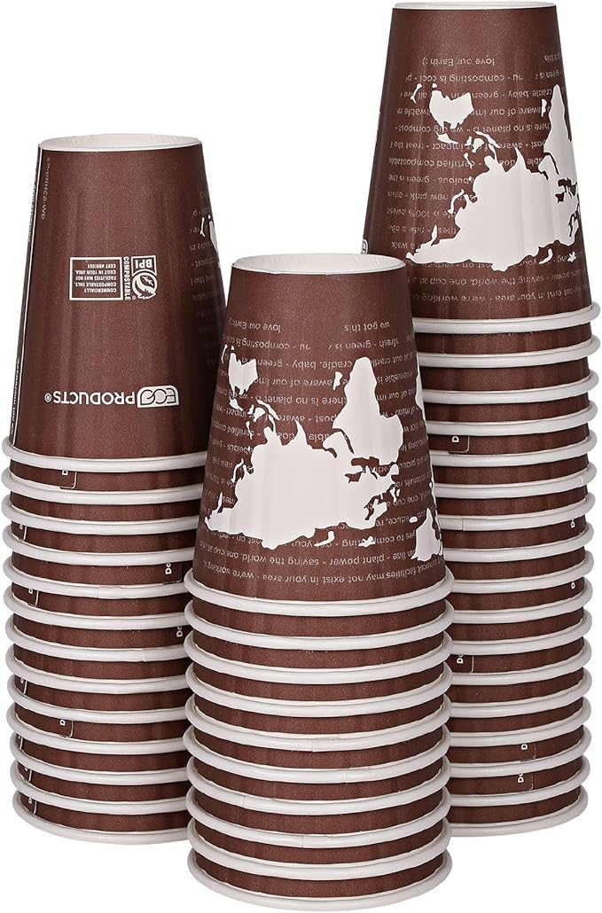 ECO PRODUCTS Compostable Disposable Insulated World Art 8oz Coffee Cups, Pack of 40, Renewable Double-wall Hot Paper Cup, Plant Based PLA Lining, No Sleeves Needed, Color Coded