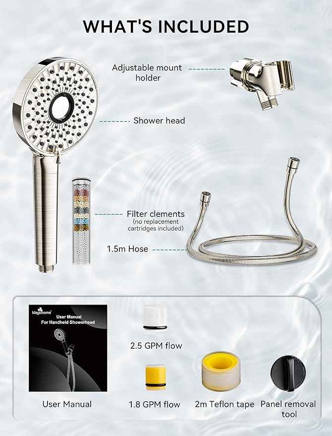 Filtered Shower Head with Handheld, High Pressure 10-Spd Detachable Chrome Showerhead with Stainless Hose, Water Softener Filter Beads for Hard Water - Remove Chlorine, Brushed Nickel-Silver