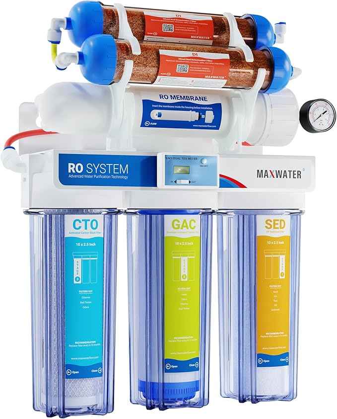Max Water 6 Stage Aquarium System/RO Water Filtration System with Deionization Filter RO Water Purifier 100 GPD Hydroponics RODI System (Clear Housing System with TDS Meter)