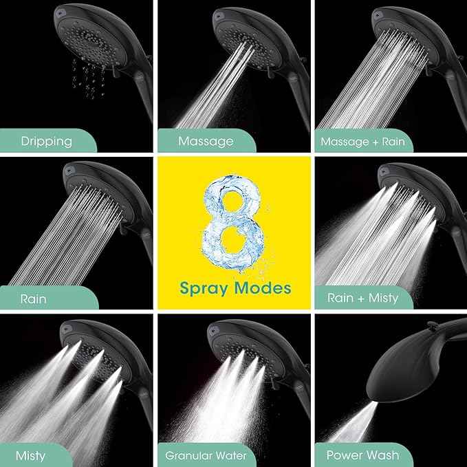 FASDUNT Filtered Shower Head with Handheld, High Pressure 8-Mode Handheld Showerhead with Filters for Hard Water -Remove Chlorine, Built-in Power Wash, 80" Long Hose & Adjustable Bracket, Black