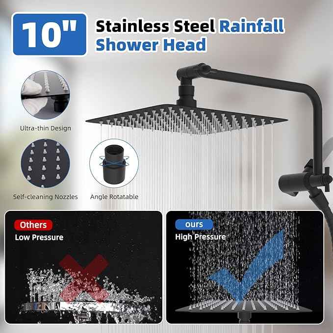 All Metal Black Shower Head, 10" High Pressure Rainfall/Handheld Shower Combo with 11" Extension Arm, 10-Spray Handheld Showerhead, 71" Long Hose, 3-Way Diverter Valve, Matte Black
