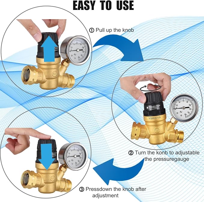 RV Water Pressure Regulator Valve with Handle Adjustable, Silicone Oil Gauge, Double Filters,Made of Leadless Brass,0-160 PSI Gauge,3/4" Connector for Camper Travel Trailer Water Pressure Control