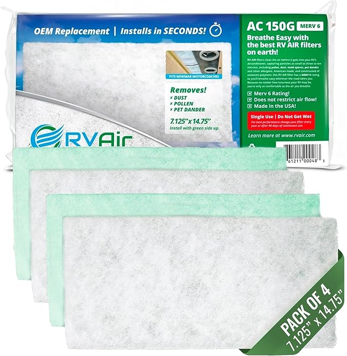 AC Filter - Air Conditioner Replacement Filters - RV Air Cleaner - Camper Accessories for Travel Trailers - Easy to Install Vent Filter - 16.5 x 6 x 0.75 in (4 Filters for AC 125G)