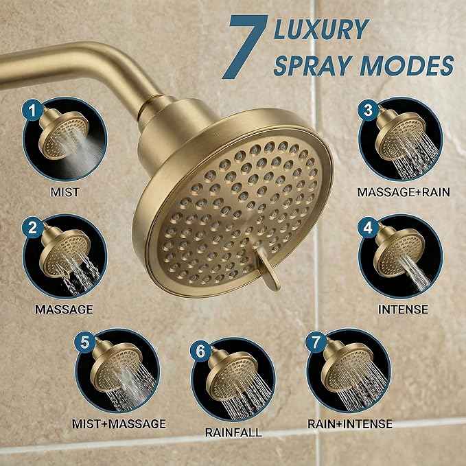 Fixed Shower Head ＆ Filter COMBO ! Anti - Chlorine Hard Water Filtered Shower Heads- 7 Sprays High Pressure Showerheads with 25 Stage Filtration (Brushed Gold)
