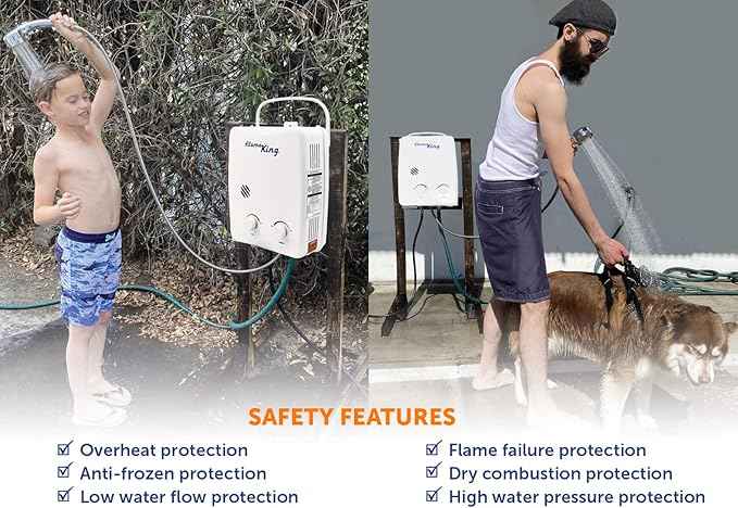 Flame King YSNAZ132 Portable Tankless Water Heater Propane Gas 5L 1.32GPM at 34,000 BTU, Outdoor Instant Hot Water Shower for RV, Camping, Farm, Cabins