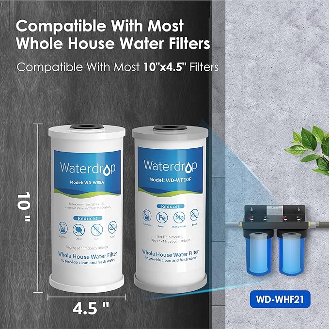 Waterdrop Whole House Water Filter, Carbon Filter, Reduce Iron & Manganese Filter Cartridge, Replacement for GE GXWH40L, FXHTC, Ispring, Culligan® RFC-BBSA, Whirlpool®, Any 10" x 4.5" System, 5 Micron - AquaVibe