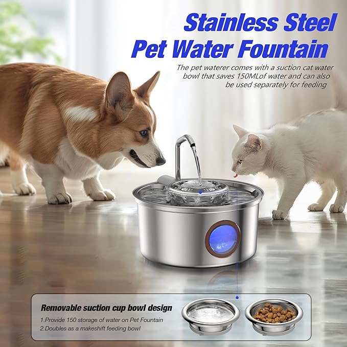 Cat Water Fountain,108oz/3.2L Stainless Steel Cat Fountain and Removable Water Bowl,Pet Fountain with Water Level Window,Quiet Pump,Multi-Filter, Water Tap, Provides Flowing,for Dog Cats