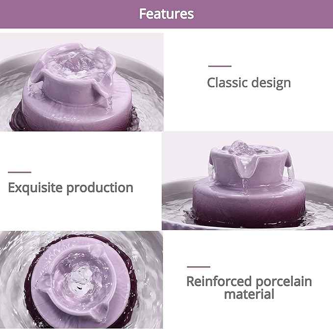 Ceramic Cat Water Fountain, 2.1L/71oz Cupcake Cat Fountain for Dog and Cat Indoor, 2 Ultra Quiet Pumps(Purple)