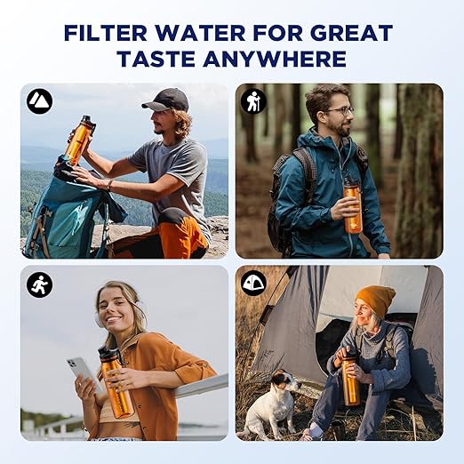 Membrane Solutions C3 Filtered Water Bottle, 36oz BPA-Free Bottle with Replaceable ACF+UF Filter Cartridge, Portable Water Filter, Travel, Hiking & Camping for Drinking Water Anywhere(Orange)