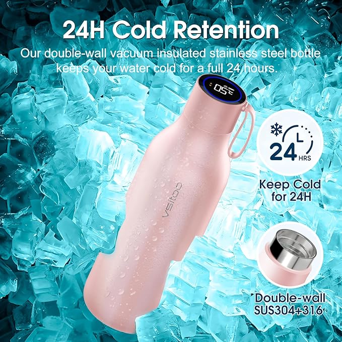 VSITOO 33oz Smart Self Cleaning Water Bottle，Insulated Water Bottle with Stainless Steel, BPA-Free, AI Self-Clean, 30-Day Battery, Magnetic Charging for Travel, Gym or Office, Pink
