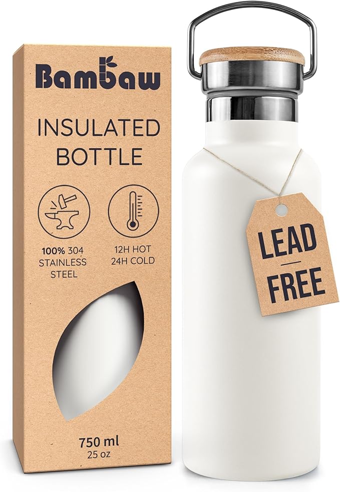 Bambaw Insulated Water Bottle 24 oz, Metal Water Bottle Stainless Steel, Keeps Drinks Cold for 24h Cold and Hot for 12h, Easy to Carry with Handle, Leak-Proof & Reusable (Polar White)