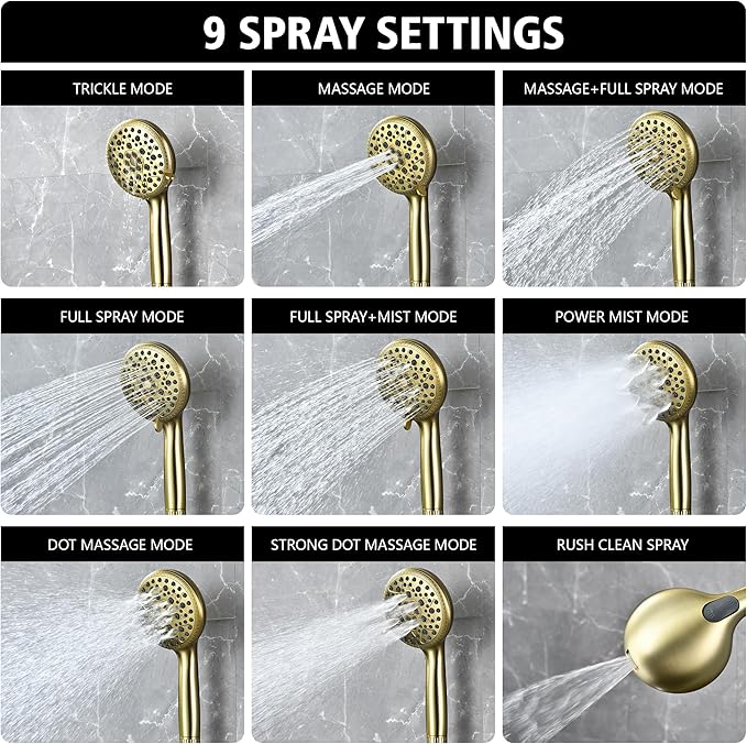 sumerain Brushed Gold 9 inch Rain Shower System with Filtered Handheld Shower Head for Hard Water, Rough-In Valve Included