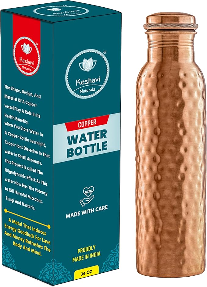 Keshavi Hammered Copper Water Bottle (34 Oz /1000ml)| Pure Copper Drinking Water Bottle - Ideal for Home, Office, Gym & School | Heavy‑Duty, Leak‑Proof Material