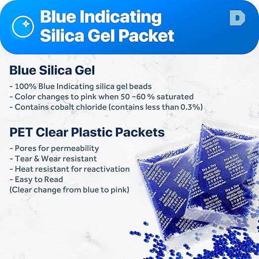 Dry & Dry Blue Indicating(blue to Pink) Silica Gel Packets Desiccant - Rechargeable Silica Packets, Silica Gel Packs (20 Gram, 7 Packets)