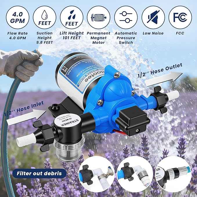 Bootee 12V RV Water Pump, 4.0 GPM 45PSI Automatic Pressure Switch, Self-Priming Fresh Water Pump for RV Marine Camping, 12 Volt DC Water Transfer Pump with Thermal Protection